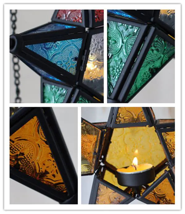 Hanging Star Lamp, Colorful Glass Candle Holder Decor