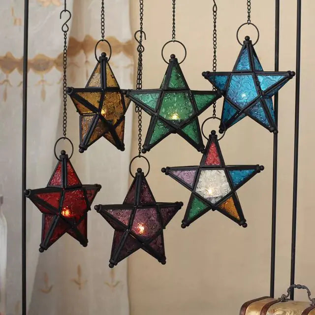 Hanging Star Lamp, Colorful Glass Candle Holder Decor