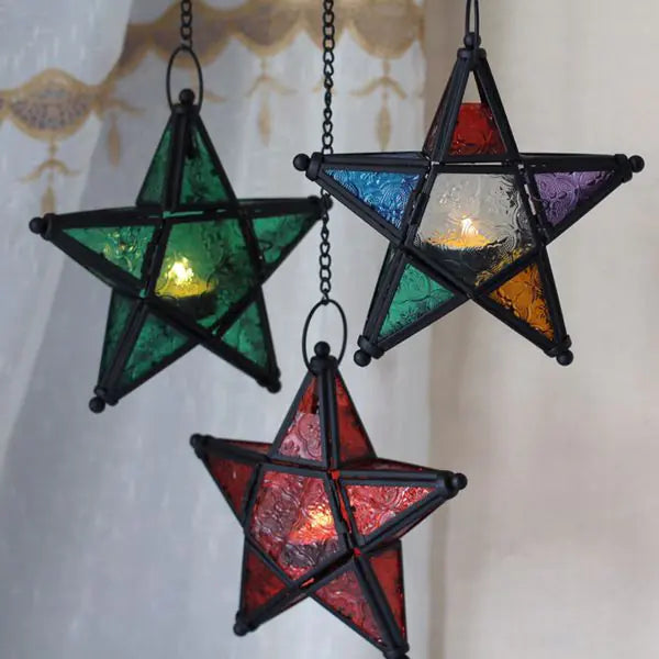 Hanging Star Lamp, Colorful Glass Candle Holder Decor
